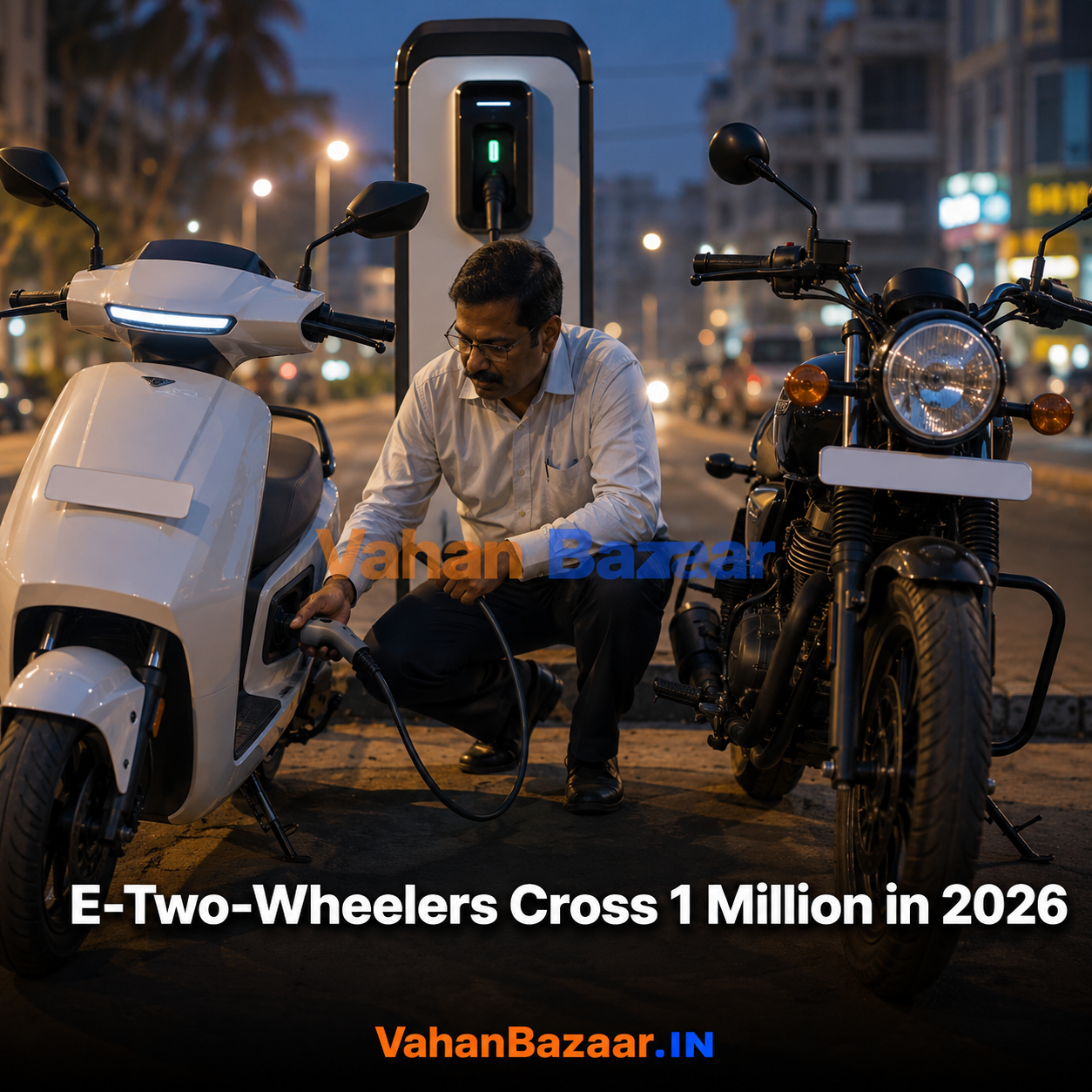VahanBazaar analysis of India's electric two-wheeler sales crossing one million units in 2026 and the effect on used petrol motorcycle and scooter resale values
