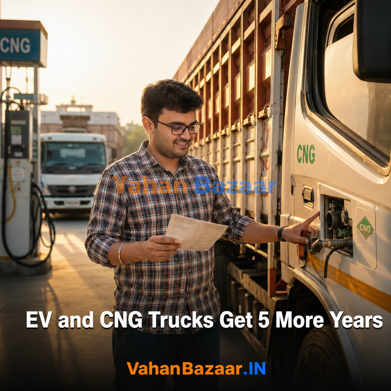 VahanBazaar explainer on the MoRTH draft amendment proposing five extra years of age for battery-operated, hydrogen fuel-cell and natural-gas commercial vehicles under national permit, and why fuel type and date of first registration on the RC decide who qualifies