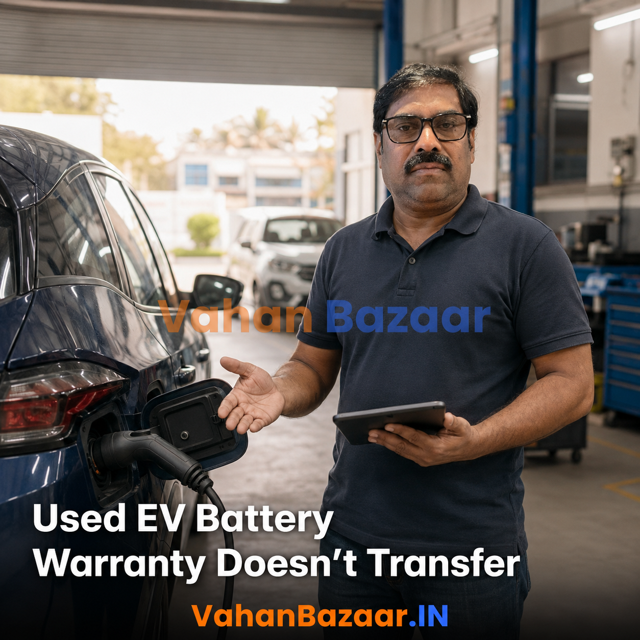An Indian used electric car buyer reading a warranty booklet at a dealership while checking the vehicle registration record on a phone