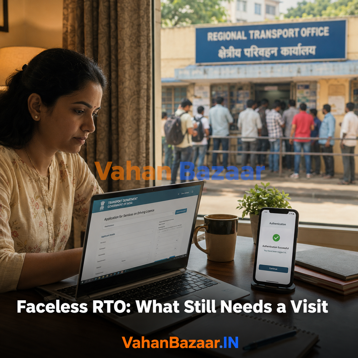 VahanBazaar explainer on faceless RTO services in India in 2026, sorting which transport department tasks are fully online with Aadhaar e-KYC and which still require a physical visit or inspection