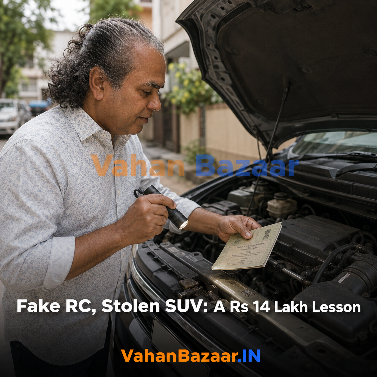 A used SUV buyer in India comparing the chassis number stamped on the vehicle against the registration record on a phone