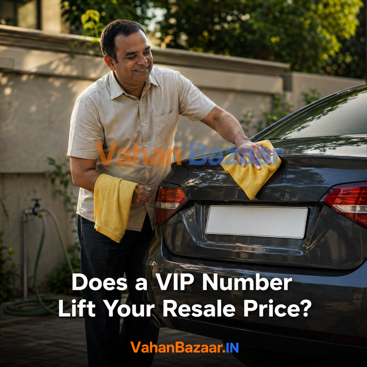 An Indian car owner photographing the rear of a clean sedan in a residential driveway to prepare a listing