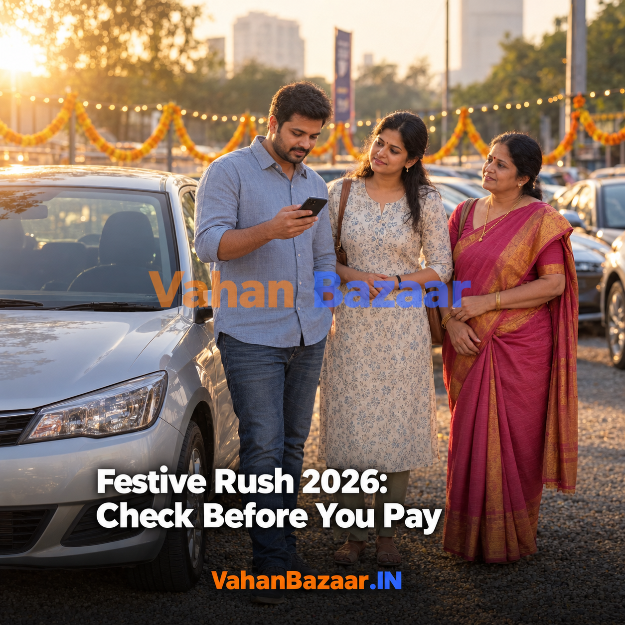 VahanBazaar guide to buying a used car during India's 2026 festive season, showing why the Rs. 49 VAHAN record check is the step that should never be skipped under festive time pressure