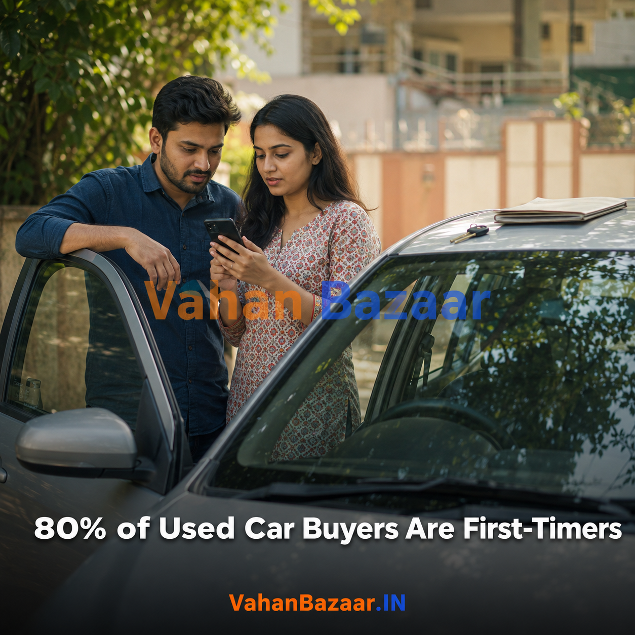A young Indian couple standing beside a used hatchback while one of them reads a vehicle record on a phone