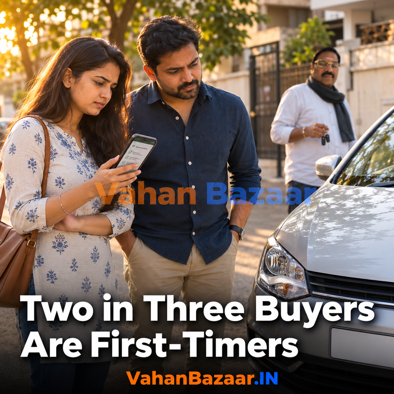 A young Indian couple looking at a used hatchback while checking the vehicle record on a mobile phone