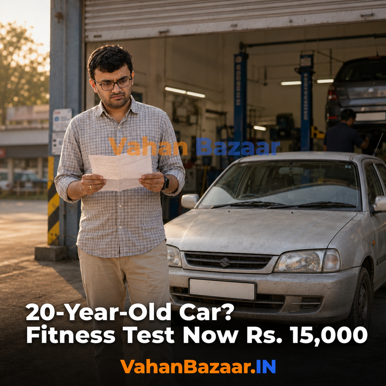 VahanBazaar explainer on India's age-banded vehicle fitness test fees, showing what a fifteen-year-old and twenty-year-old car costs to renew and how that affects the decision to keep or sell