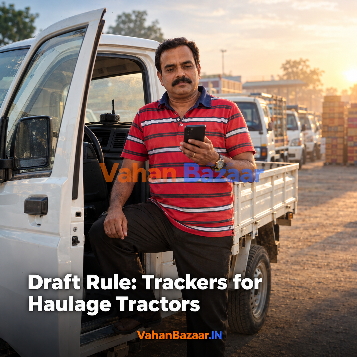 VahanBazaar explainer on the MoRTH draft notification G.S.R. 485(E) proposing AIS-140 vehicle location tracking devices on haulage tractors from 1 October 2026 and event data recorders from 1 April 2027 in India