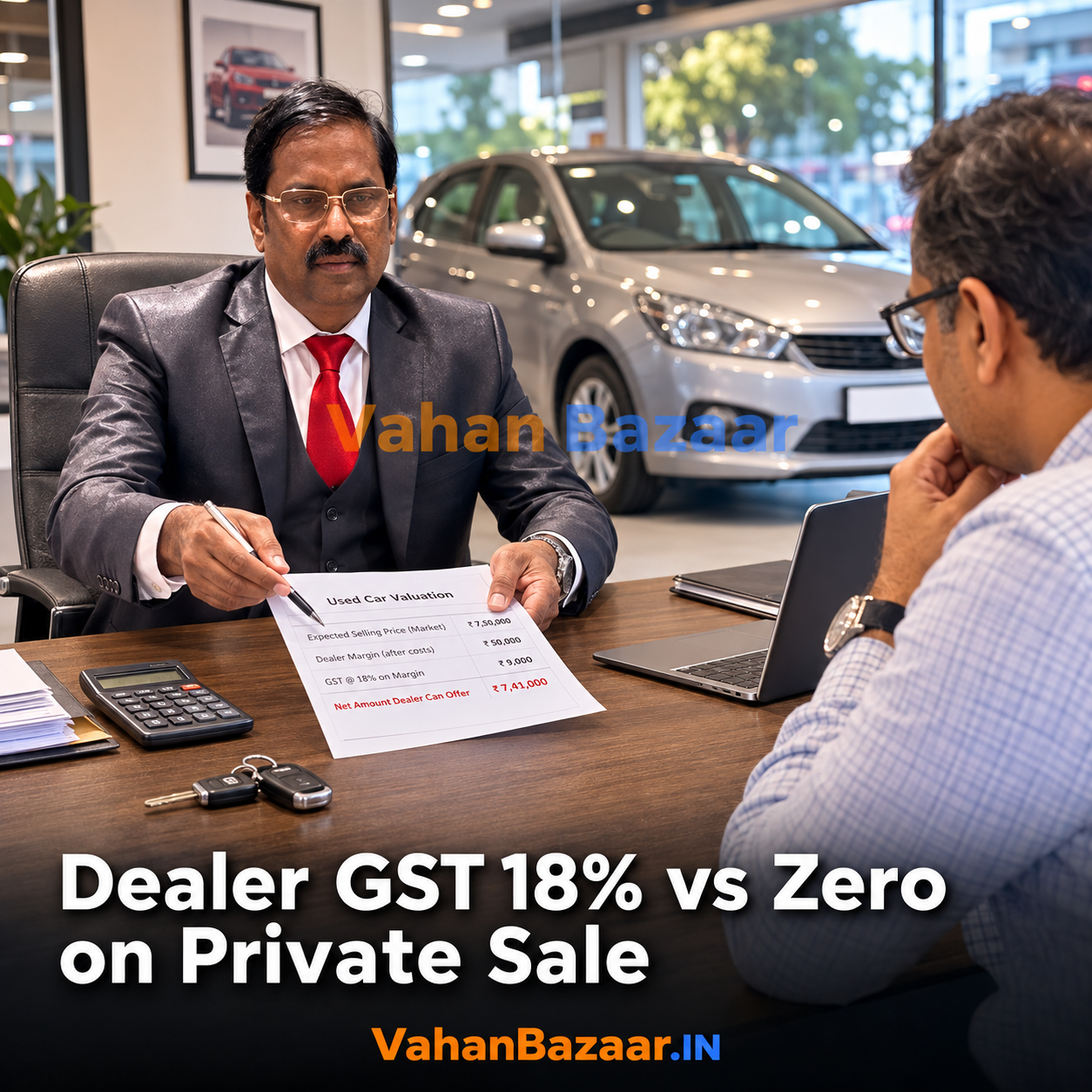 An Indian car owner comparing a dealer trade-in quote against a private sale price for a used hatchback
