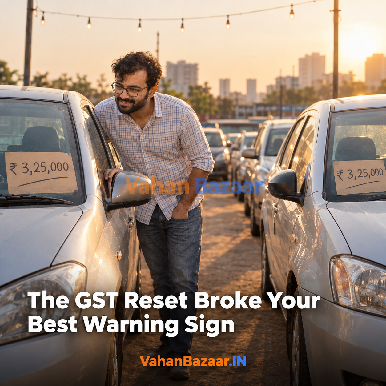 VahanBazaar explainer on how the GST reduction from 28 per cent to 18 per cent on small cars reset used car asking prices in India, removing the low-price warning signal buyers relied on and leaving the VAHAN record check as the filter that still works