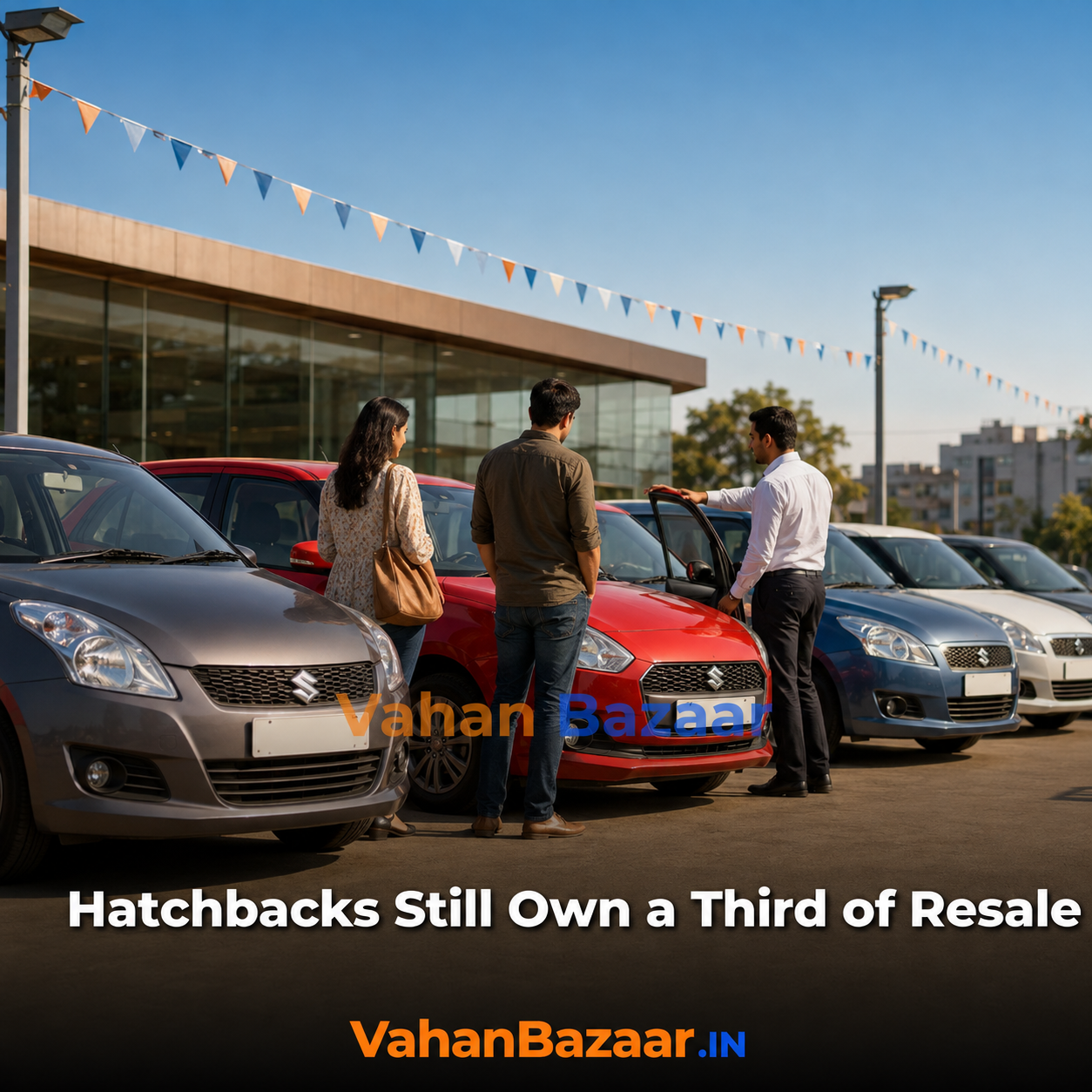 A row of used hatchbacks parked in an Indian residential compound with a seller checking resale figures on a phone