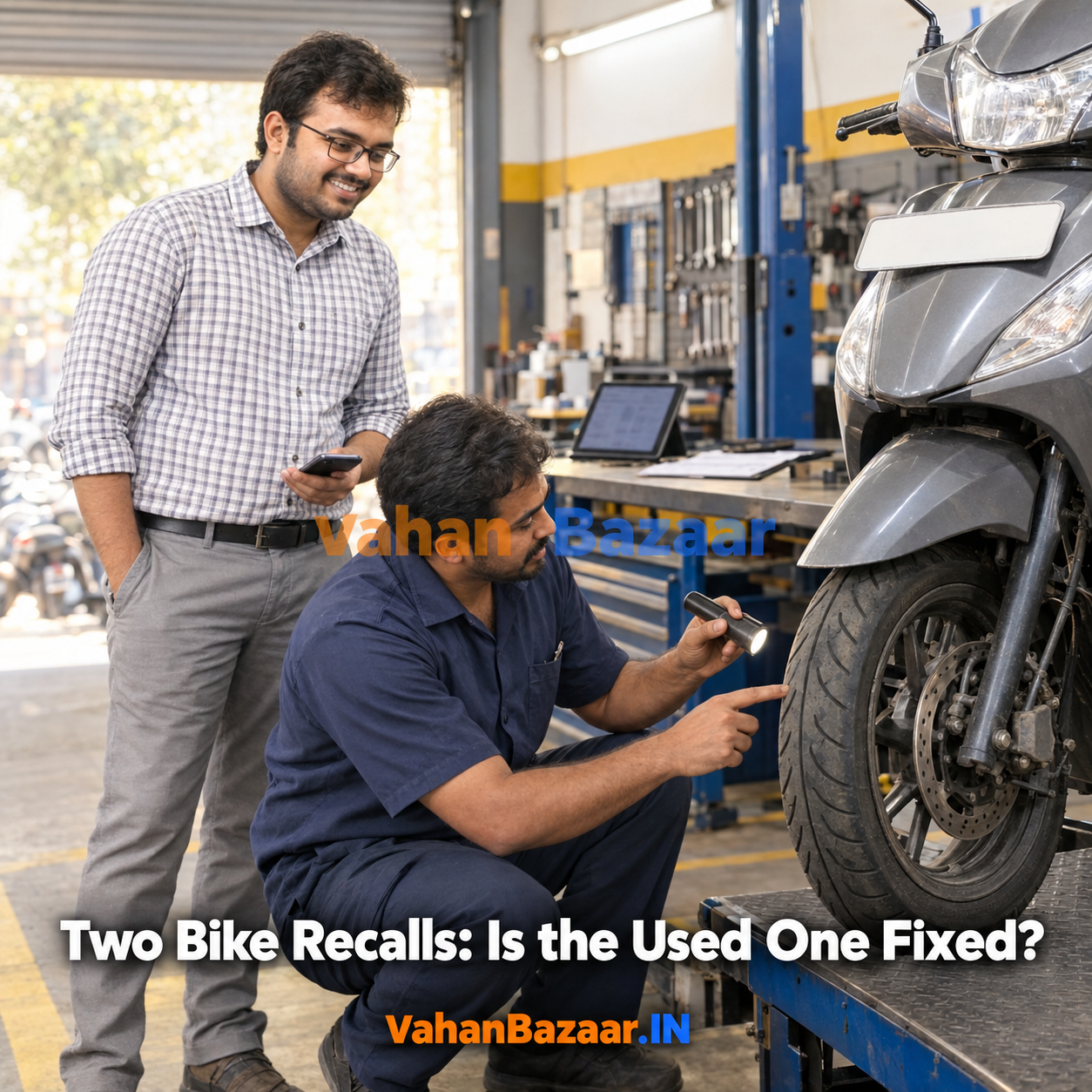 VahanBazaar explainer on two Indian two-wheeler recalls, the Honda Rebel 500 and the Yamaha Fascino 125 and RayZR 125 Hybrid, and how a used bike buyer uses the chassis number and manufacture month from the VAHAN record to check whether the recall repair was done