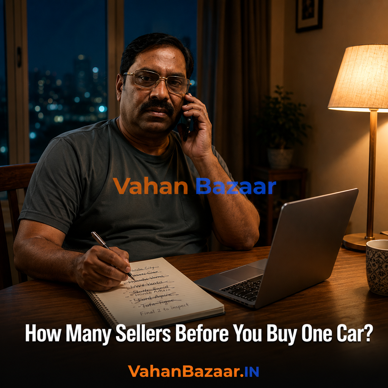 VahanBazaar explainer on how a used car shortlist narrows in India, showing a buyer working through private seller listings and filtering on the registration record before making contact