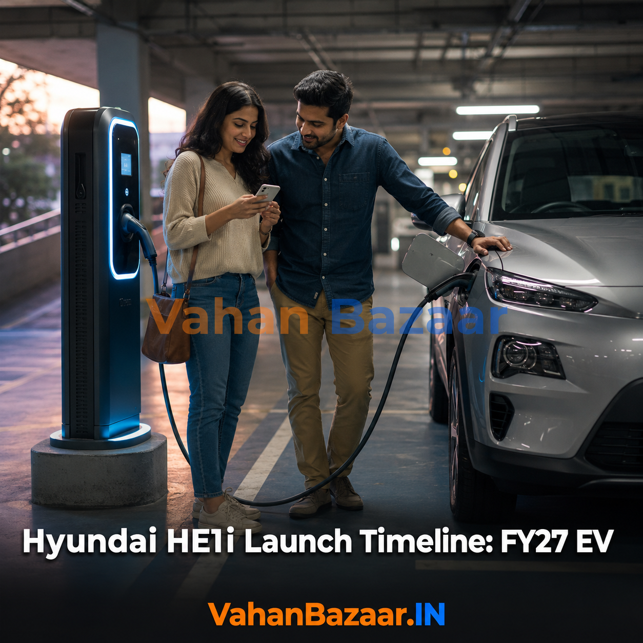 A compact electric SUV silhouette beside a FY2026-27 launch calendar, illustrating the expected timeline for Hyundai's HE1i mass-market EV in India