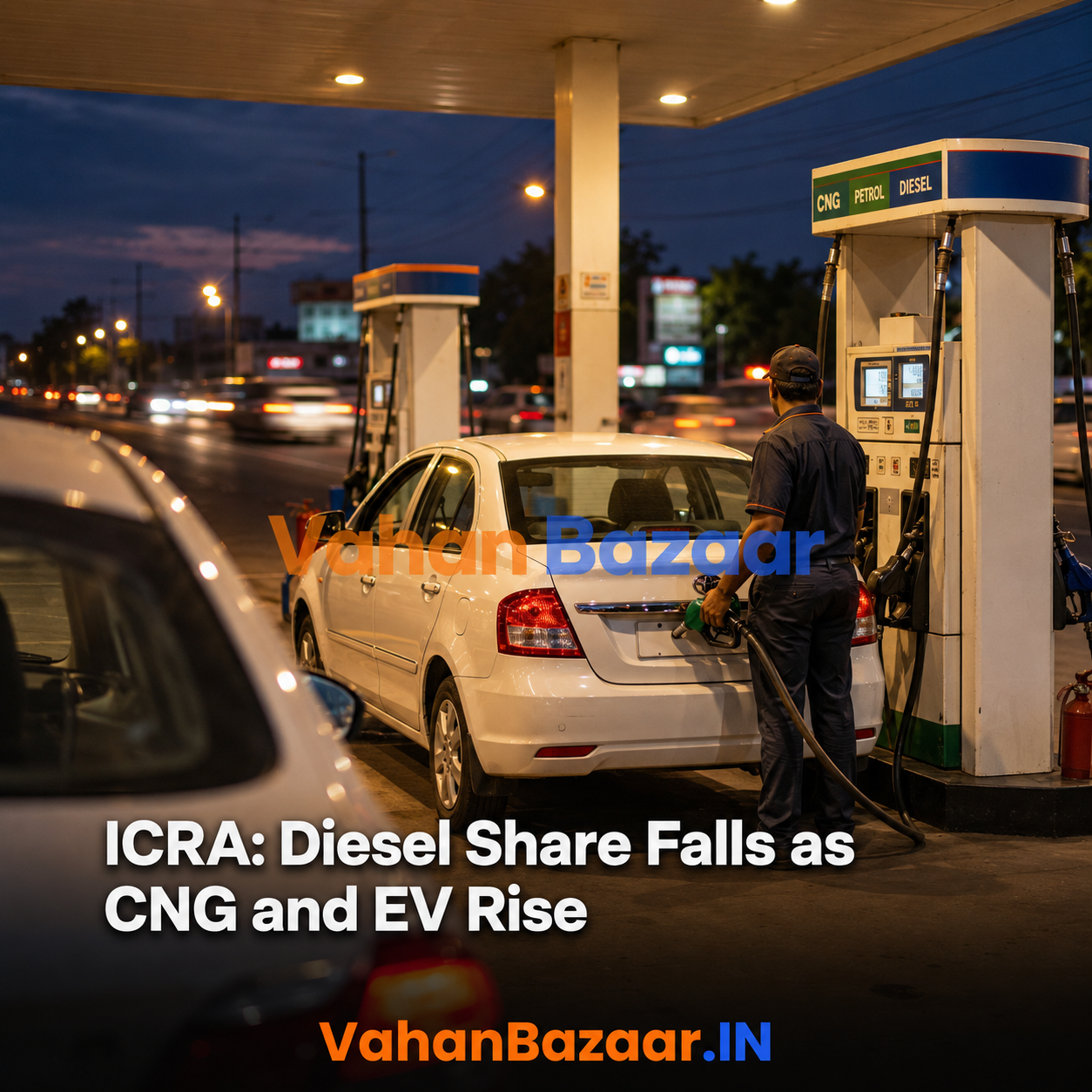A used diesel car parked beside a CNG pump and an electric vehicle charger, illustrating the shift in Indian fuel preference away from diesel