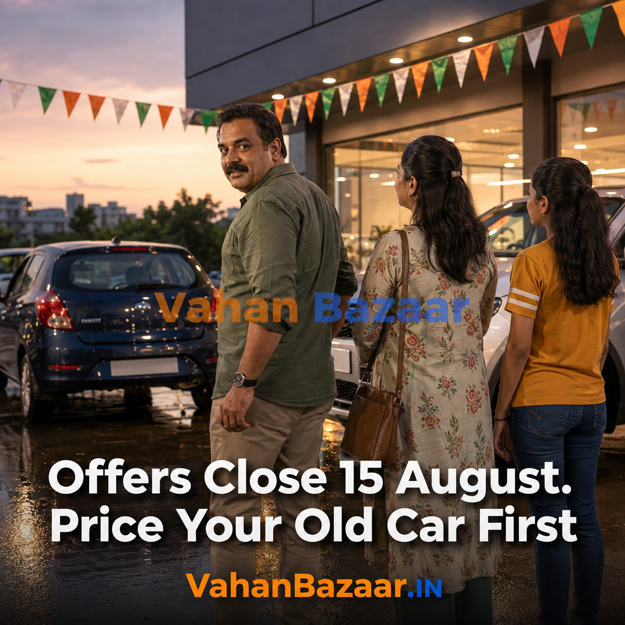 VahanBazaar explainer on the 15 August 2026 Independence Day new-car booking deadline and why sellers should list their old car privately before accepting a dealer exchange quote
