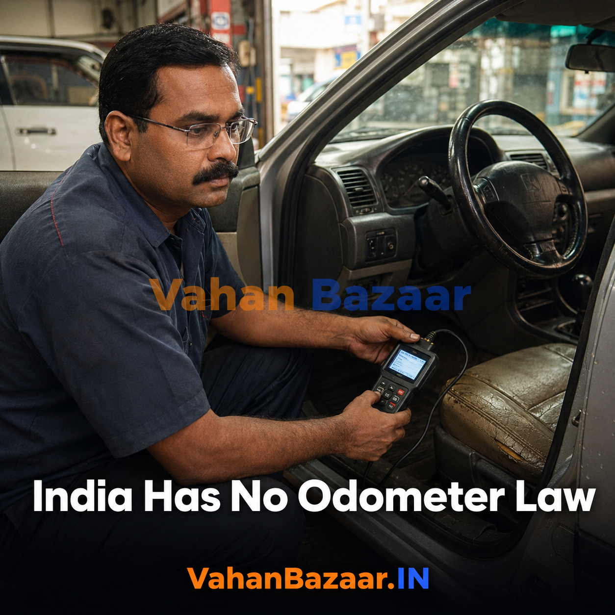 India has no law that criminalises odometer tampering by name, and an estimated 3 lakh clocked cars change hands every year — verify a car's true age, owner count and registration history against the VAHAN record before you pay