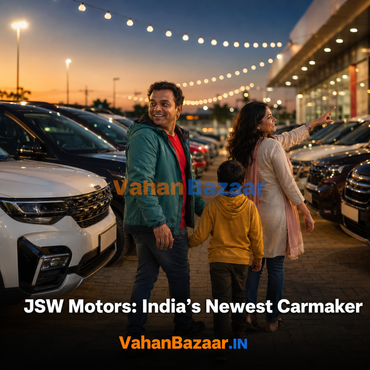 An Indian family walking through a bright new SUV showroom at dusk, comparing two SUVs parked side by side under warm ceiling lighting