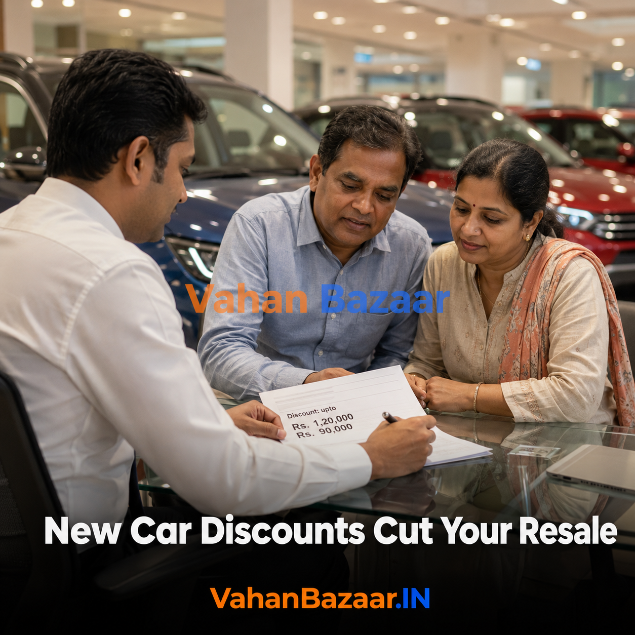 A row of new cars under bright showroom lighting in an Indian dealership while a salesperson writes an offer figure on a printed quotation sheet