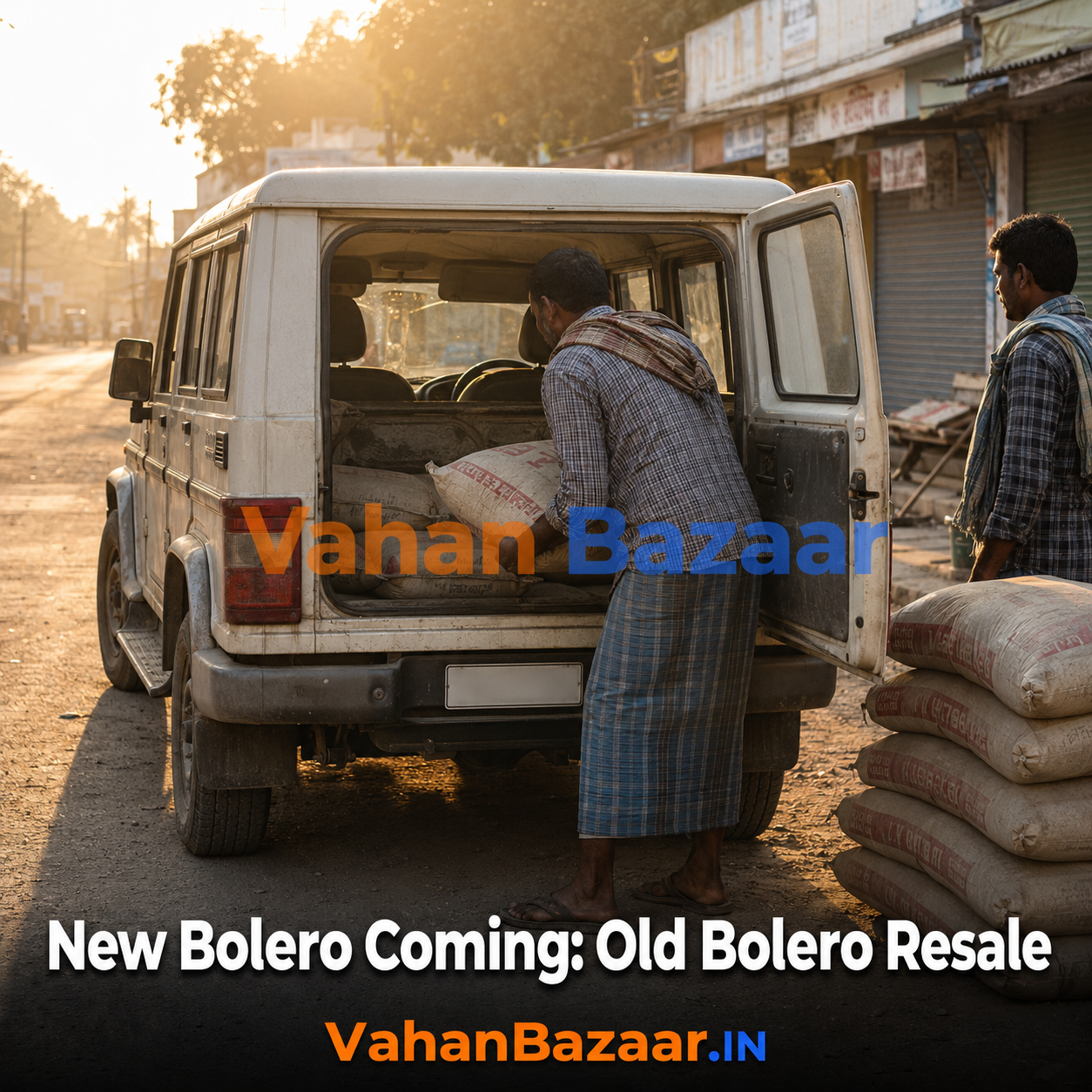 A dusty white Mahindra Bolero parked on a small-town Indian road at first light with its owner loading sacks into the rear