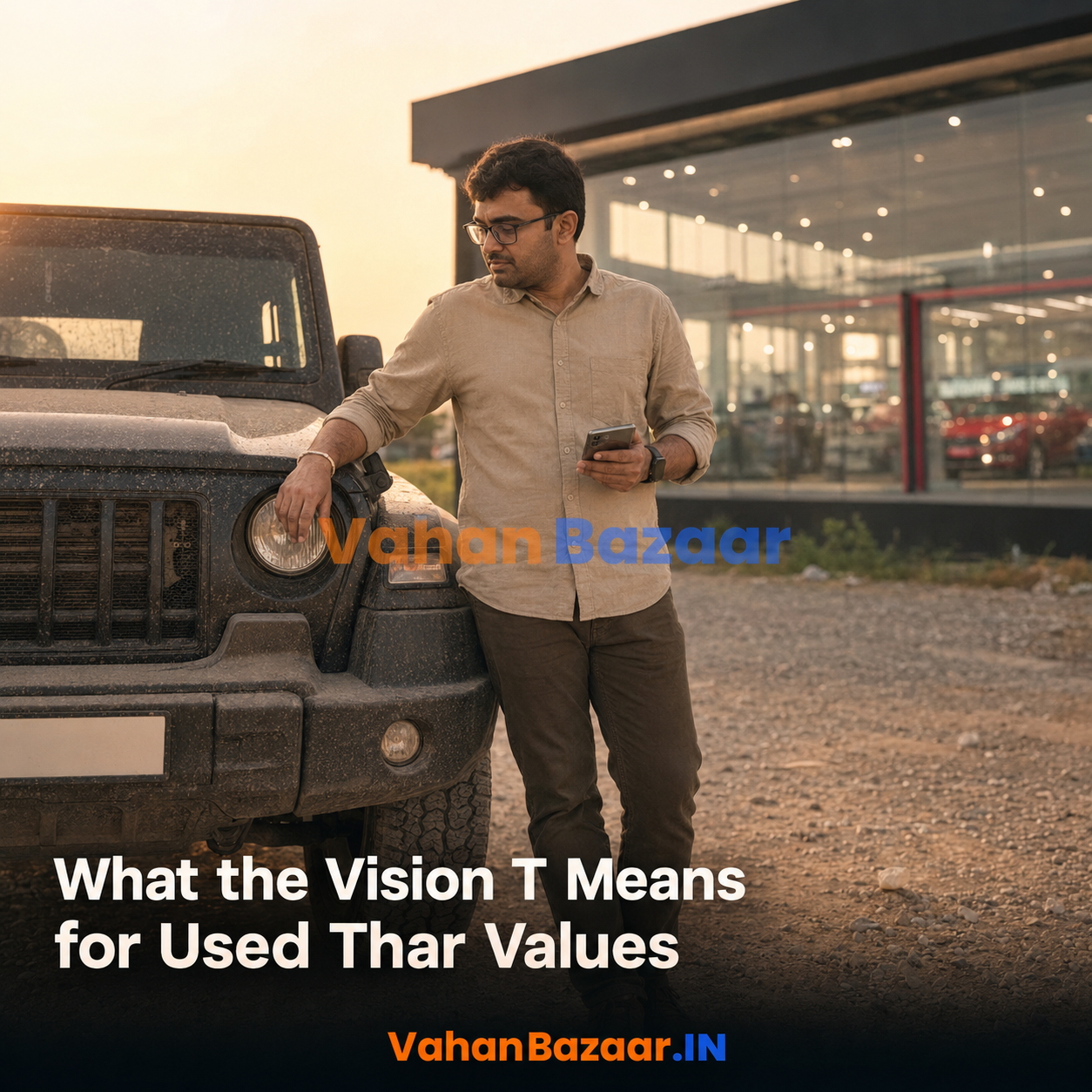 VahanBazaar analysis of Mahindra's Vision T electric Thar concept shown on 15 August 2026 and its effect on used Thar and Thar Roxx values in India