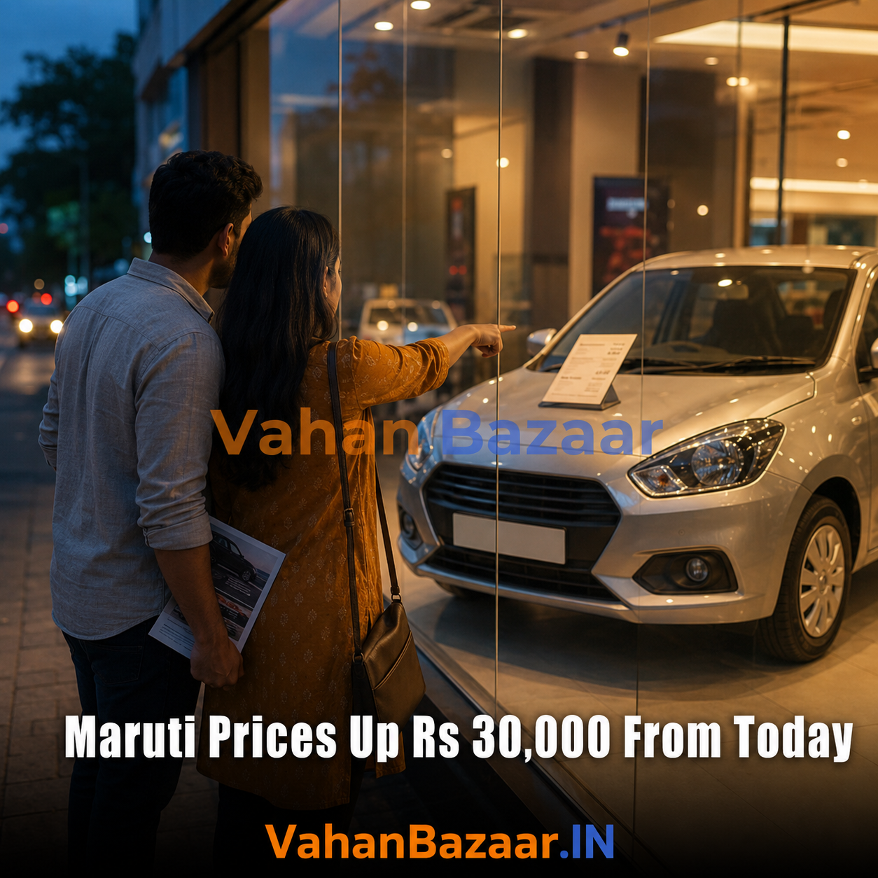 An Indian family comparing a used Maruti hatchback parked outside a residential building against a new car price quotation on a phone