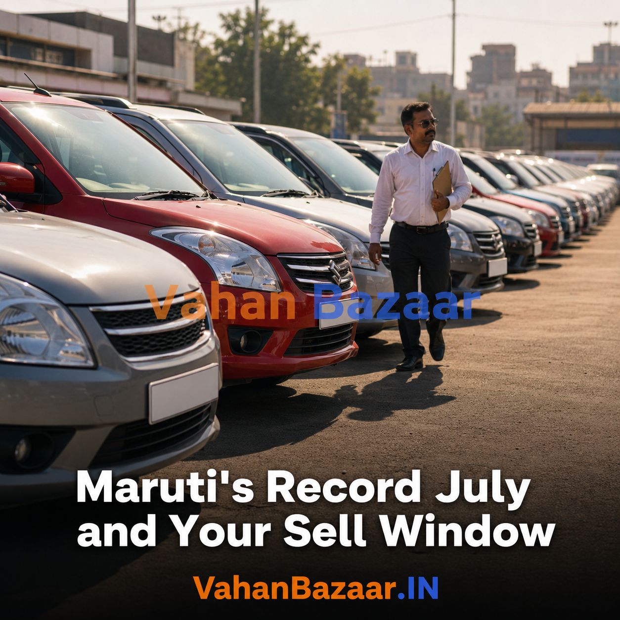 A row of used hatchbacks parked closely together in an Indian dealership yard with a salesperson walking between them