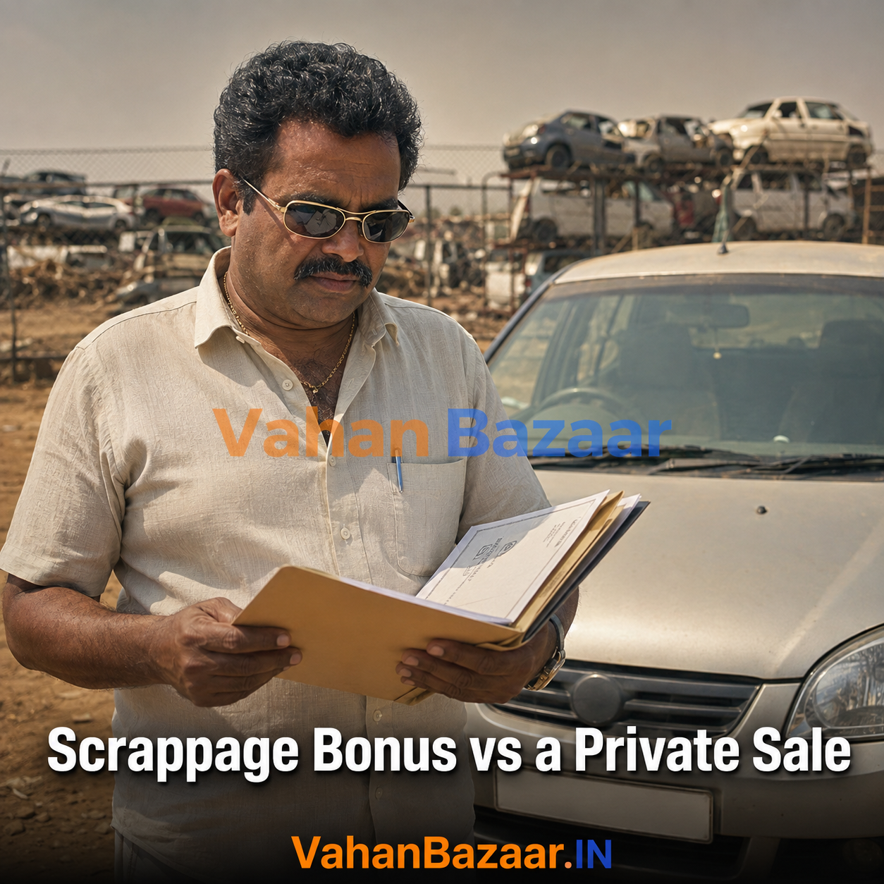 An older Indian hatchback parked at home while its owner weighs a scrappage bonus offer against a private resale valuation