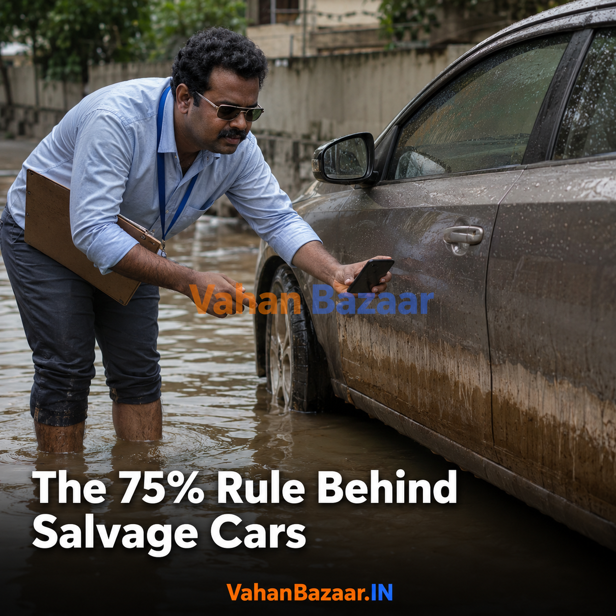 An Indian insurance surveyor photographing a waterlogged car in a flooded compound while making notes on a clipboard