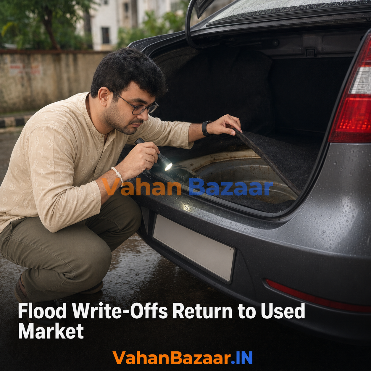 An Indian used car parked on a wet street after monsoon rain while a buyer checks the vehicle registration record on a mobile phone