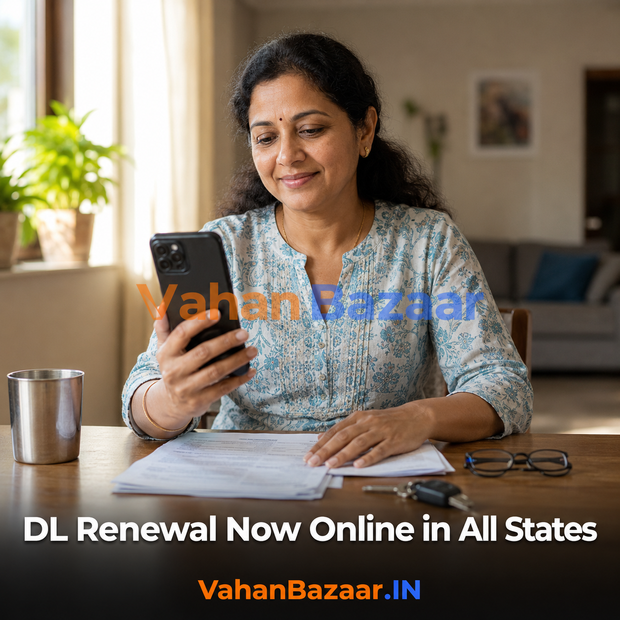 An Indian driving licence and a mobile phone showing an online renewal application, beside a set of vehicle transfer forms
