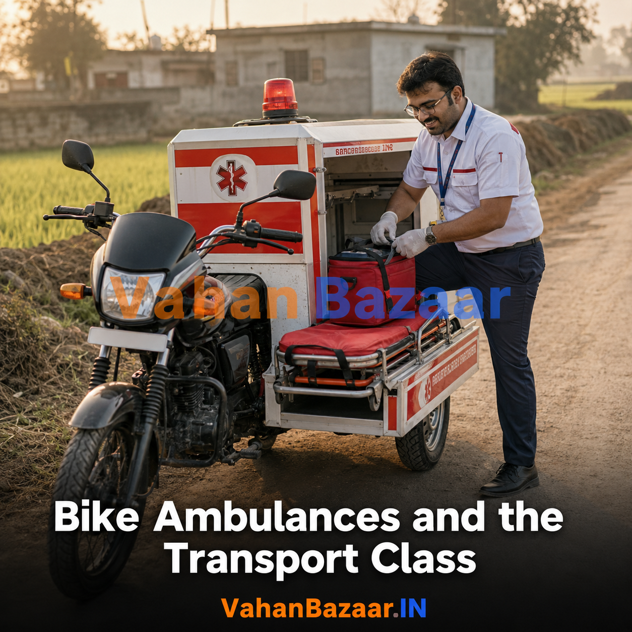 VahanBazaar explainer on the MoRTH draft notification of 3 August 2026 for two-wheeled road ambulances, and what transport vehicle registration means for used vehicle buyers in India