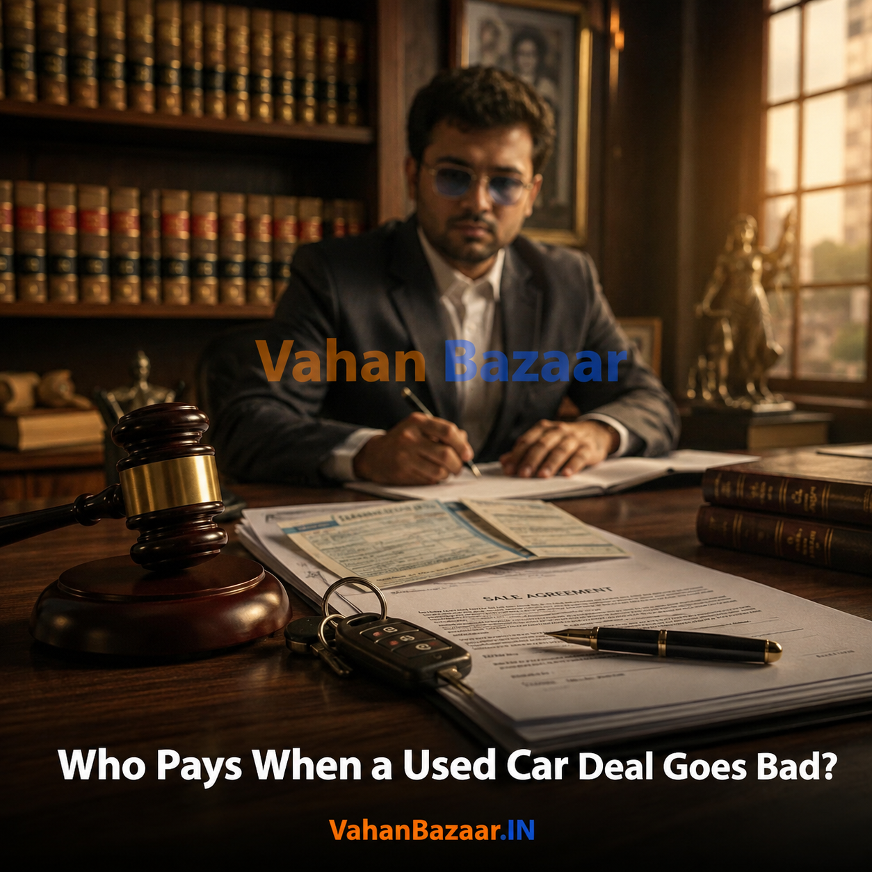 VahanBazaar explainer mapping legal liability in Indian used car deals: manufacturer for defects, dealer for misrepresentation, and no consumer court cover in private sales