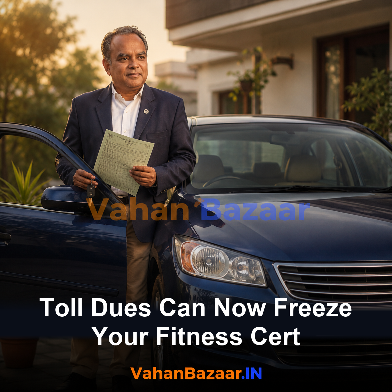 VahanBazaar explainer on the Central Motor Vehicles Second Amendment Rules 2026 linking NETC toll records to the VAHAN database and blocking fitness certificate renewal until user fee dues are paid