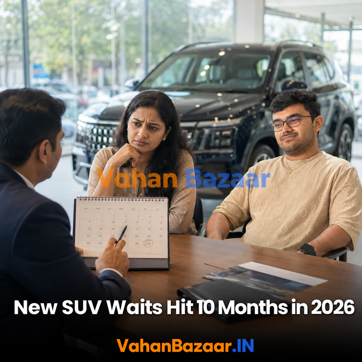 An Indian buyer at a car dealership comparing a new SUV booking form against a used SUV listing on a phone