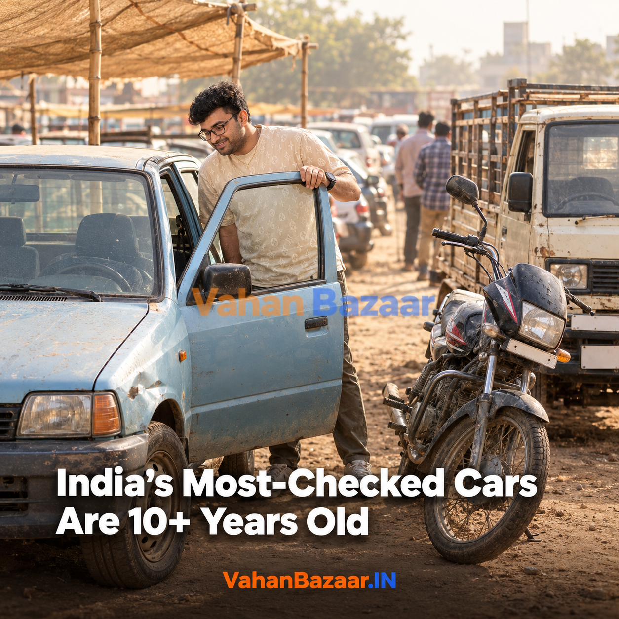 VahanBazaar buyer-report data showing that the vehicles Indians most often pay to verify are budget cars roughly ten to seventeen years old, alongside commuter motorcycles, small goods carriers and three-wheelers rather than nearly-new premium vehicles