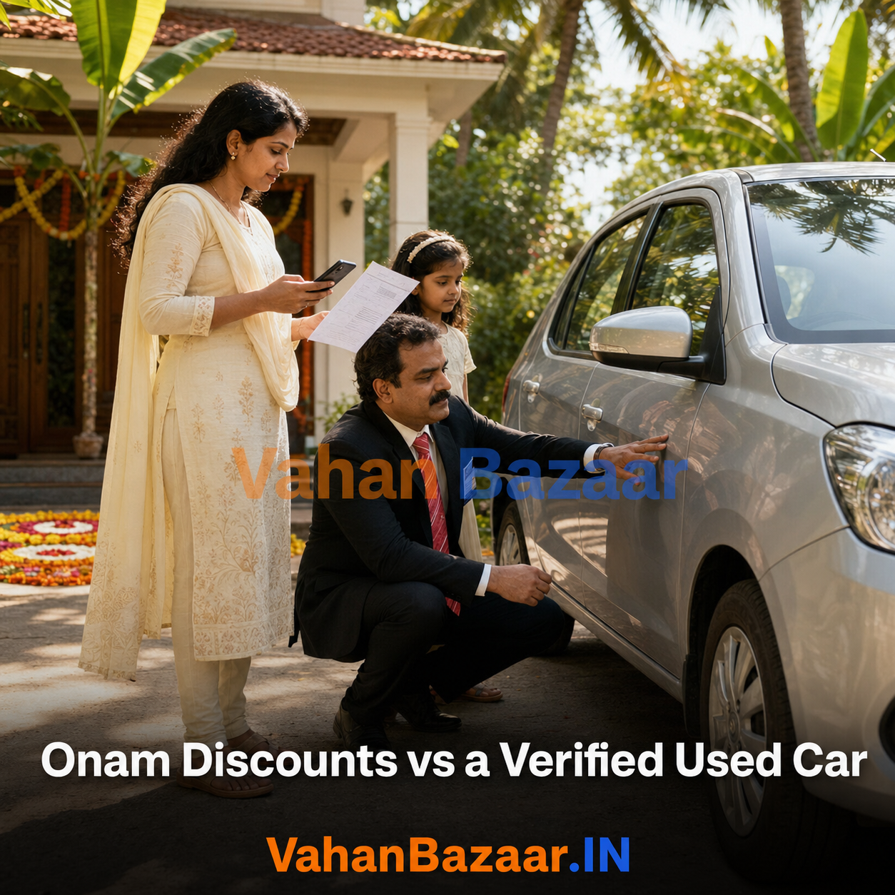 VahanBazaar comparison of Onam 2026 new-car festive discounts in Kerala against buying a verified used car in Kochi and Thiruvananthapuram