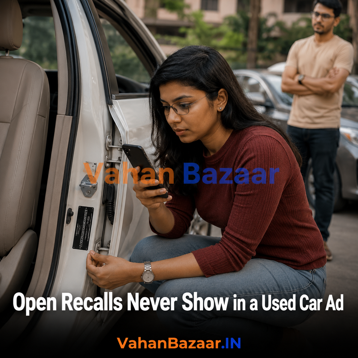 A used car buyer in India checking a vehicle identification number against a manufacturer recall list on a phone before completing a purchase