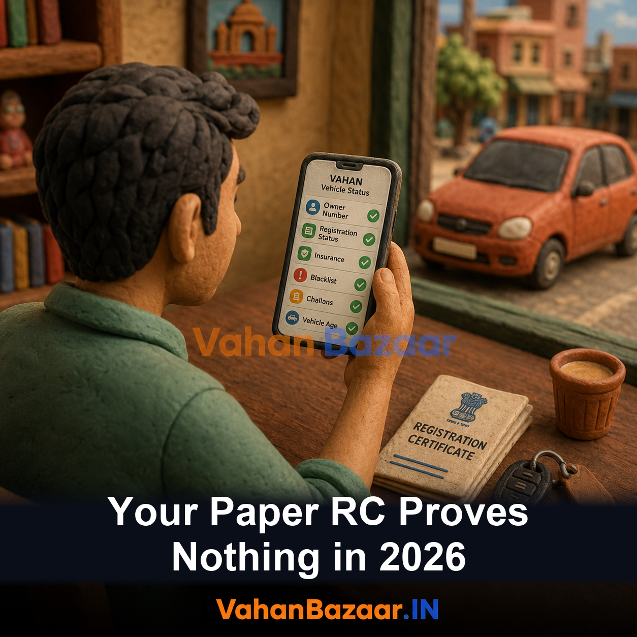 VahanBazaar explainer on why a printed RC card is only a snapshot of a vehicle's VAHAN registration record, and what dealer point registration and the 14-day transfer rule change for used car buyers in 2026