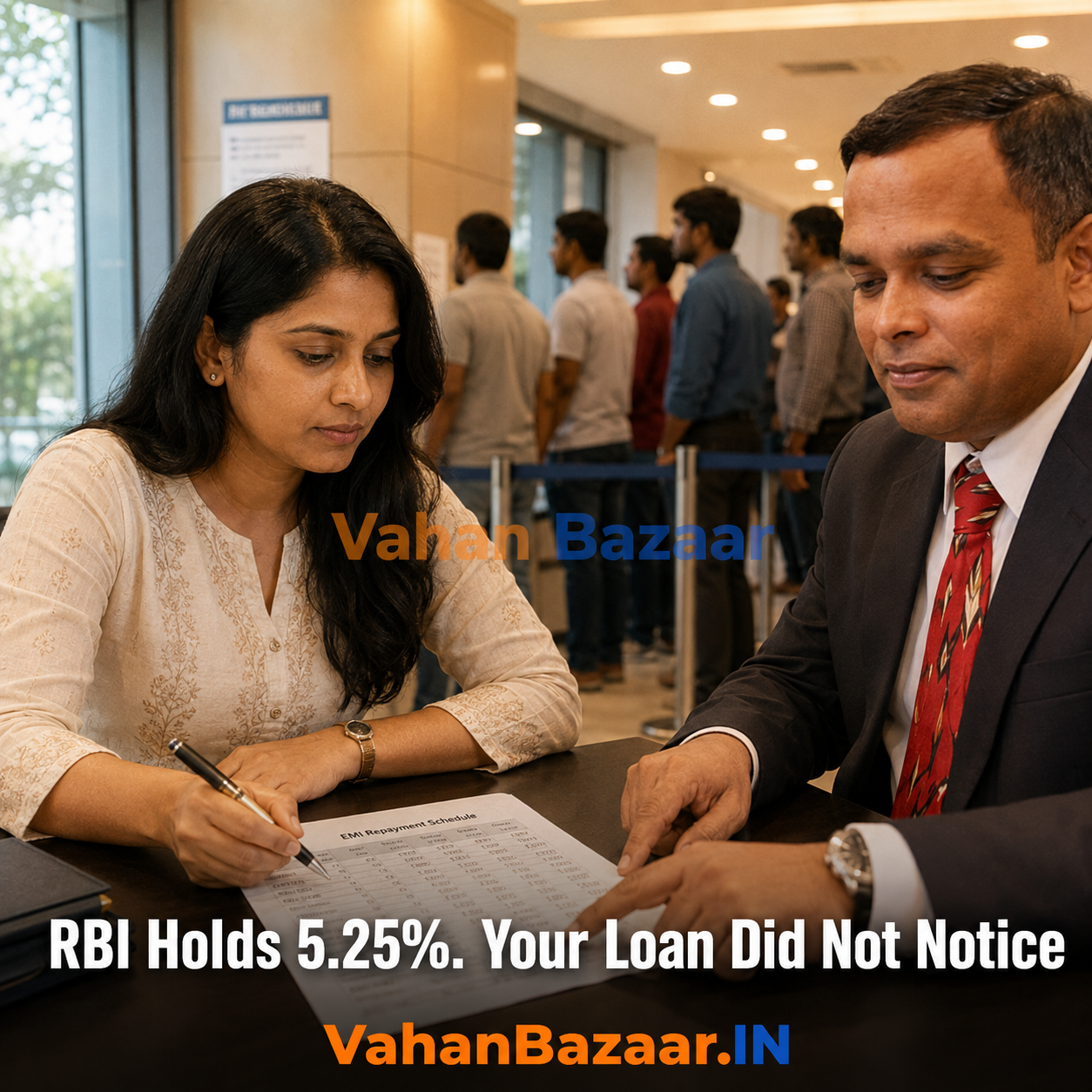 An Indian car buyer comparing used car loan EMI figures on a phone against a bank interest rate sheet