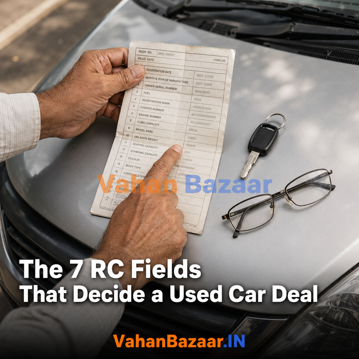 An Indian certificate of registration laid flat with the owner serial number, fuel type, cubic capacity, engine and chassis number and hypothecation fields marked for a used car buyer to read