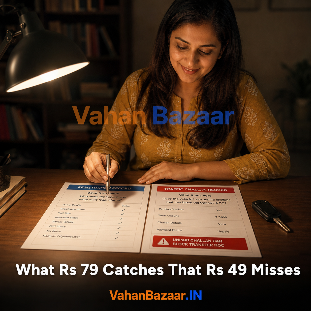 VahanBazaar explainer comparing the VAHAN registration record and the traffic challan record for a used car in India, showing how an unpaid challan left beyond 45 days can block Form 28 transfer approval