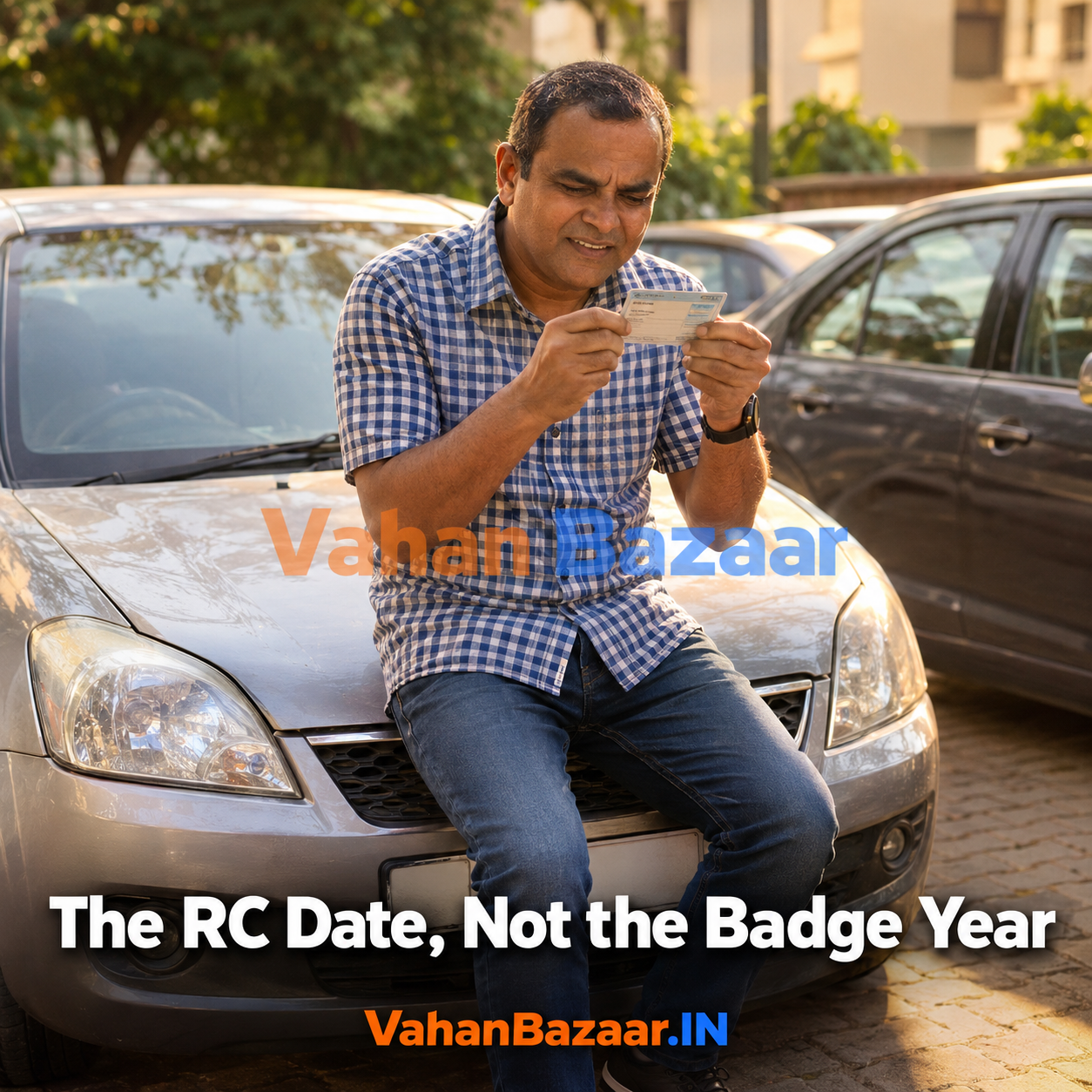 An Indian used-car buyer comparing the registration certificate of a hatchback against the details shown on a mobile phone