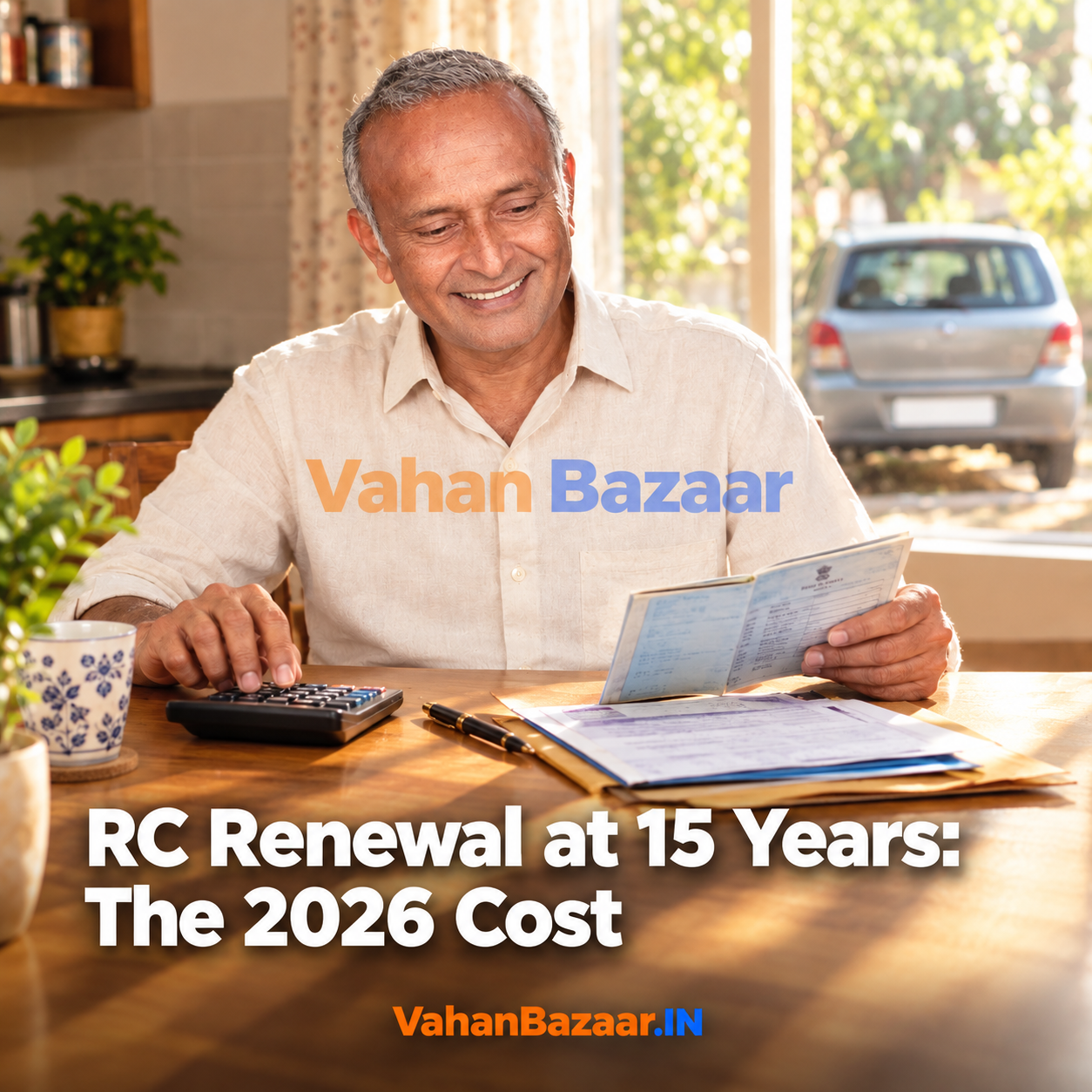 VahanBazaar guide to RC renewal at 15 years in 2026, showing the cost components an owner has to assemble and the arithmetic behind renewing or selling the car