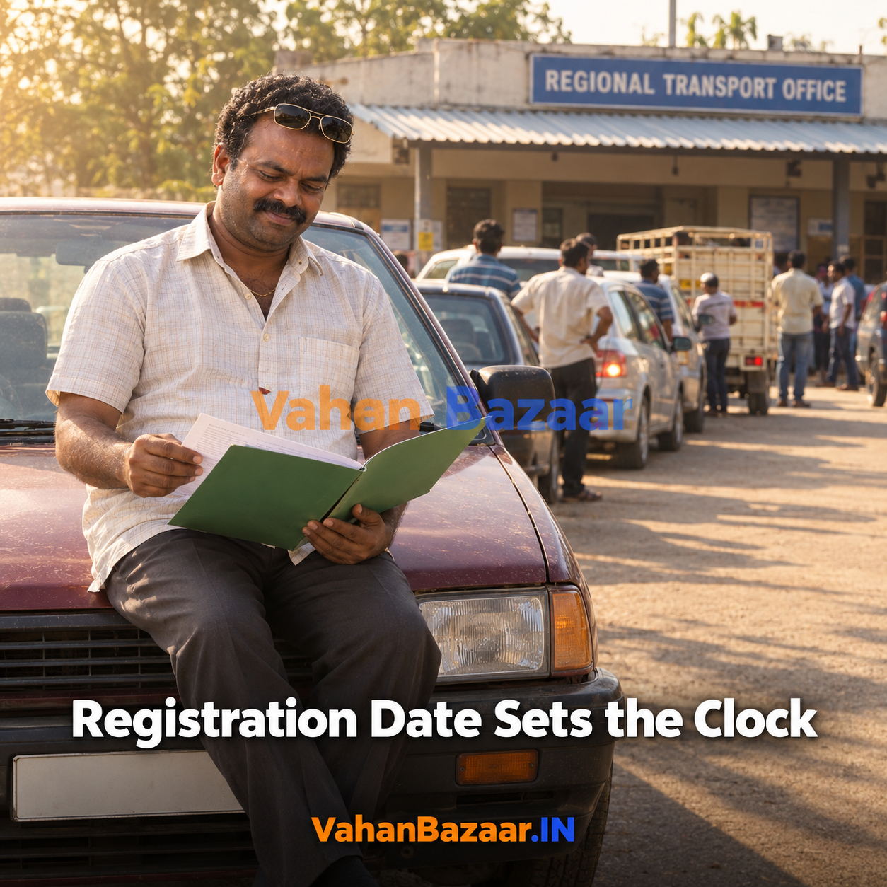 VahanBazaar explainer showing why a used car's date of first registration, not its model year, sets the legal clock on remaining registered life in India