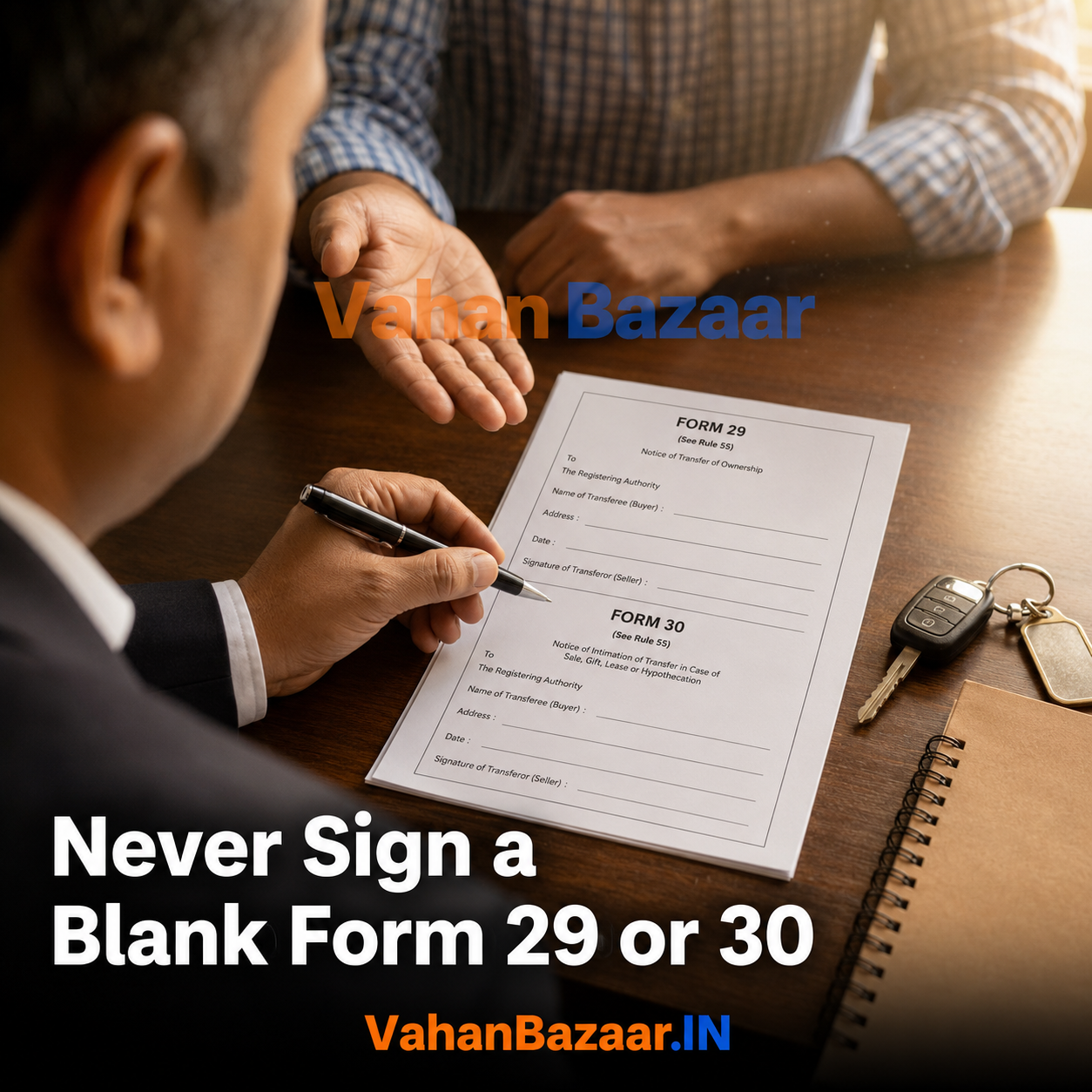 VahanBazaar explainer on why a seller should never sign a blank Form 29 or Form 30 when selling a used car in India, and how to confirm the RC transfer actually completed