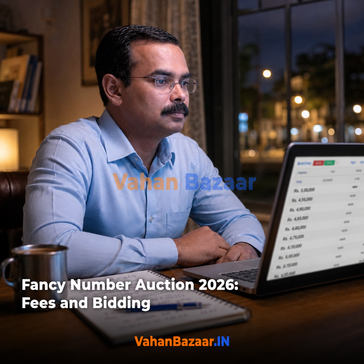 An Indian number plate with a single-digit VIP registration number, alongside an on-screen e-auction bid ladder rising in steps of Rs. 5,000