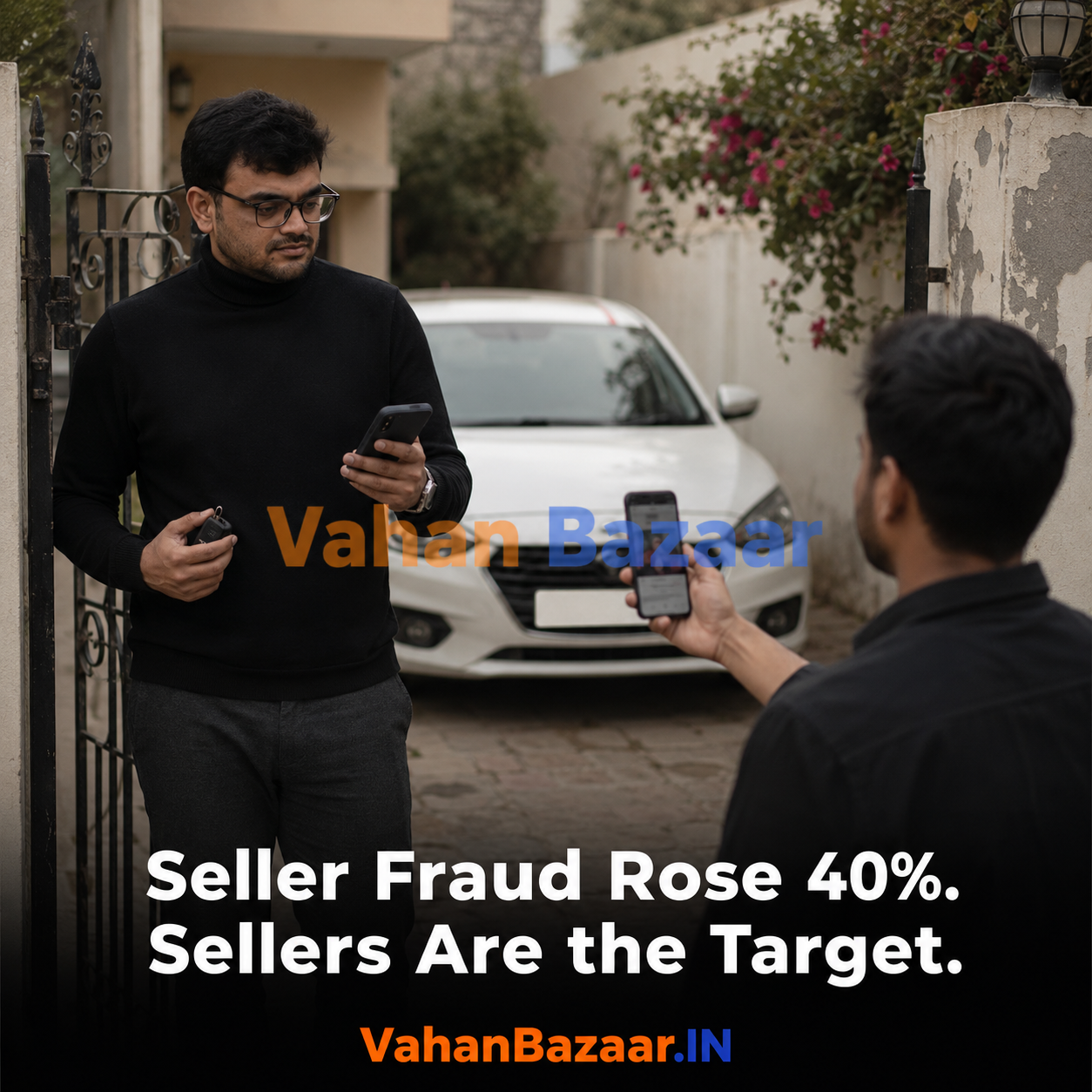 VahanBazaar guide to used car seller fraud in India in FY2026, covering bounced cheques, fake UPI screenshots, advance payment scams, test drive theft and RC transfer liability