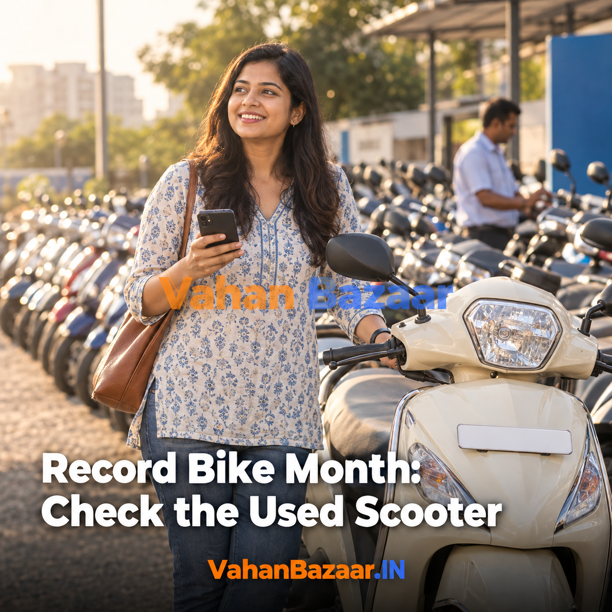 VahanBazaar explainer on India's record September 2026 two-wheeler retail month and the used scooter trade-in wave that follows, showing the registration record checks a used scooter buyer must run on owner count, loan, challans, age and insurance