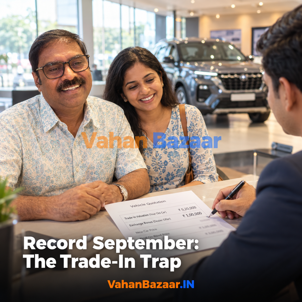 VahanBazaar explainer on record September 2026 car and SUV sales of 363,000 units and why a festive exchange bonus is a discount on the new car rather than a valuation of the seller's existing vehicle