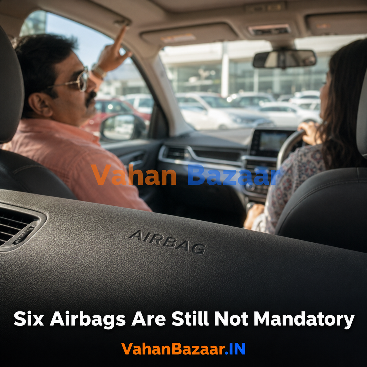 An Indian used-car buyer checking the airbag markings on the pillar trim and seat bolster of a car while holding the registration document
